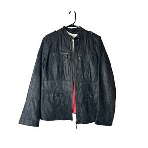 Twiggy London worn in leather look moto jacket with union jack lining